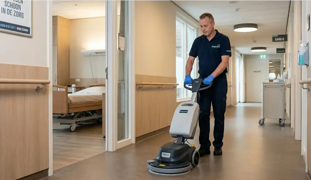 Schoonmaker reinigt de vloer van een zorggang met een schrobmachine